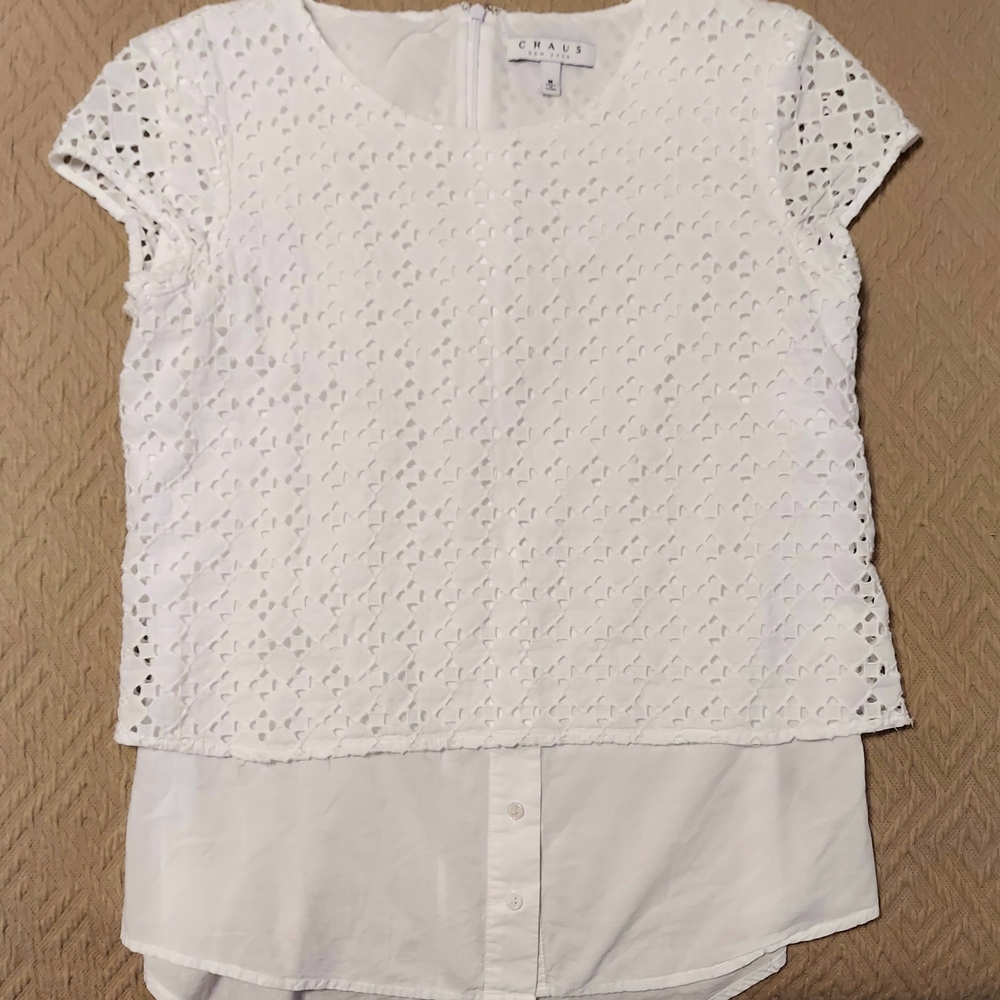 Chaus New York Women's Cotton White Eyelet Cap Sleeve Top Size M